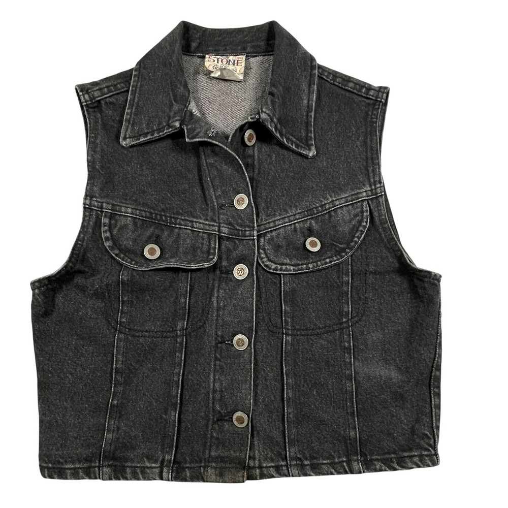 Stone Collections Vintage Denim Vest Womens XS Black Cotton Jean Trucker Style